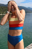 Color Block Pleated High-Waisted Tankini