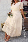 Apricot Plus Size V Neck Lacy Embroidery Patchwork Short Sleeve Maxi Dress