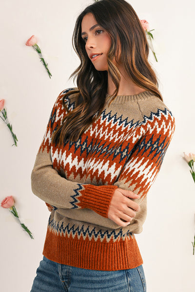 Khaki Geometric Print Colorblock Crew Neck Sweater