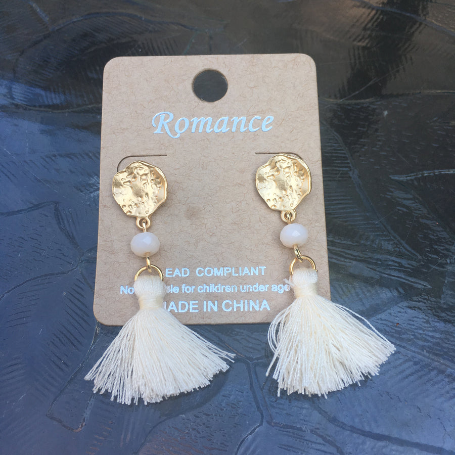 Matte Gold Tone Bead & Tassel Drop Earrings- Ivory