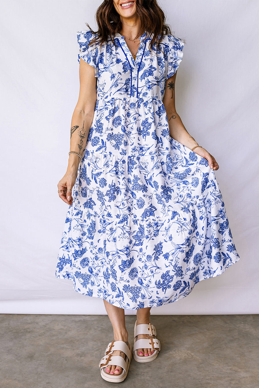 Blue Floral Ruffled Short Sleeve Tiered Midi Dress