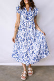 Blue Floral Ruffled Short Sleeve Tiered Midi Dress