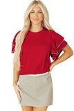 Red Pearl Embellished Double Ruffle Short Sleeve Sweater