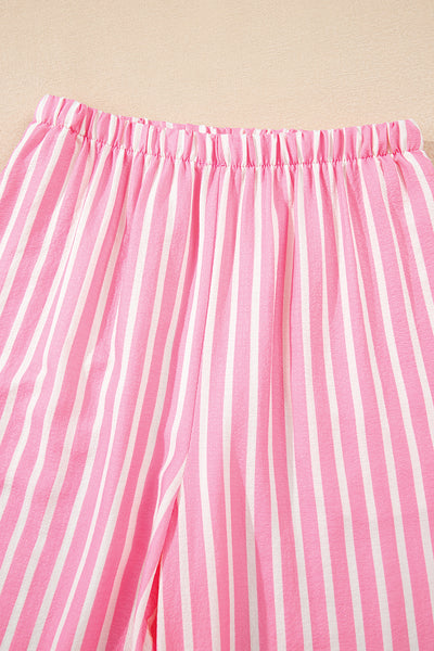 Pink Striped Bow Decor Peter Pan Collar Button-Up Top and Pants Pajama Set