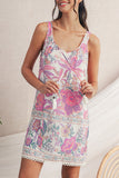 Pink and Lavender Bohemian Floral Tassel Tie V-Neck Mini Dress with Pockets