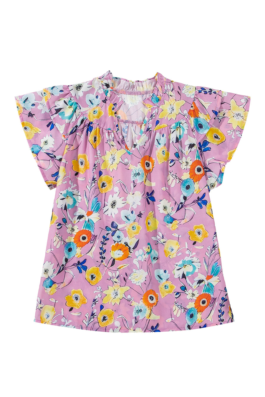 Pink Flutter Sleeve Frill V Neck Floral Top