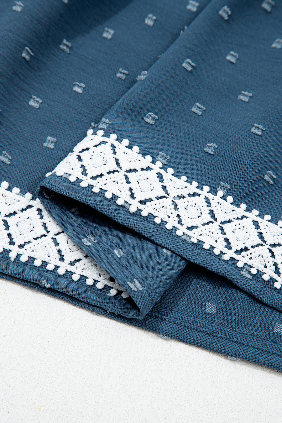 Plus Size Slate Blue V-Neck Swiss Dot Lace Detail Flared Midi Dress with Pockets