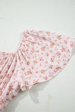 Pink Front Tie Shirred Waist Short Sleeve Ruffled Floral Mini Dress