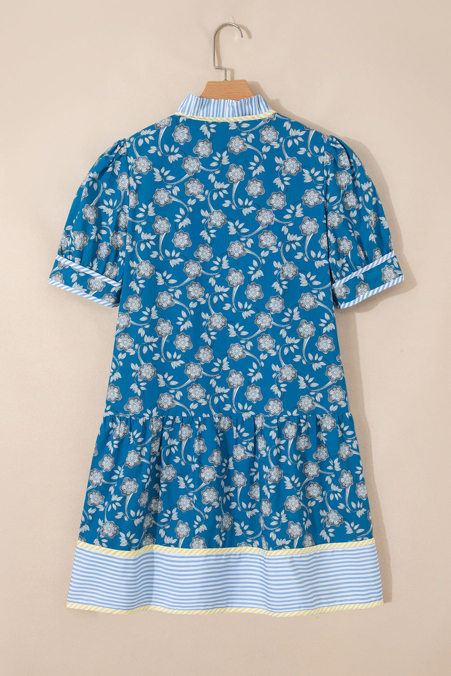 Blue Floral Striped Frill Neck Button-Up Short Sleeve Mini Dress