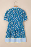 Blue Floral Striped Frill Neck Button-Up Short Sleeve Mini Dress