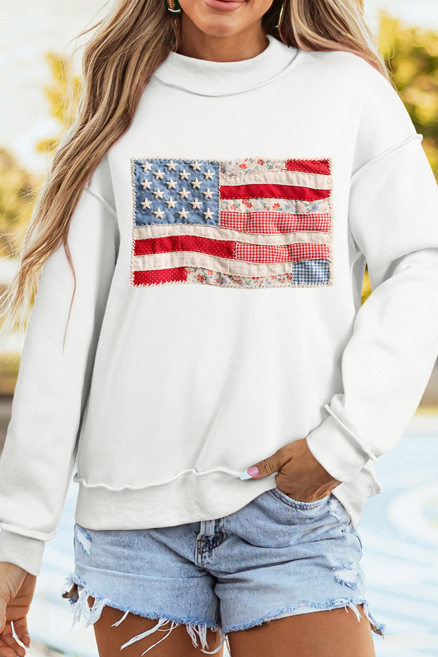 White Faux Patchwork Print USA and American Flag Reversible Sweatshirt