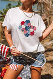 White Faux Patchwork American Flower Graphic T-Shirt