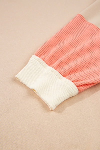 Light French Beige Waffle Textured Patchwork Pullover Sweatshirt