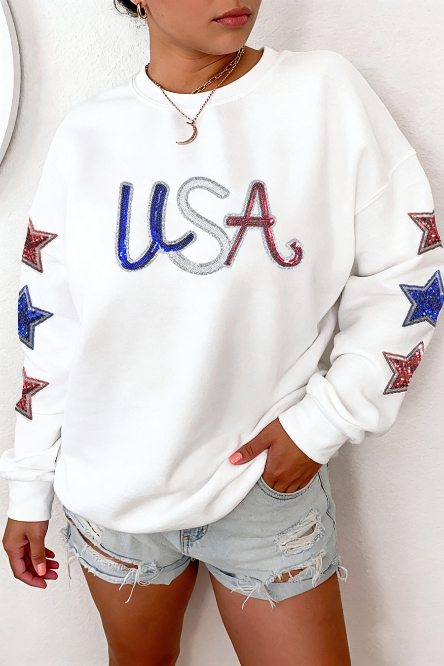 White Sequin USA Star Patch Sleeves Relaxed Fit Sweatshirt