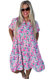 Plus Size Pink Multi Floral Button-Up Puff Sleeve A-Line Mini Dress