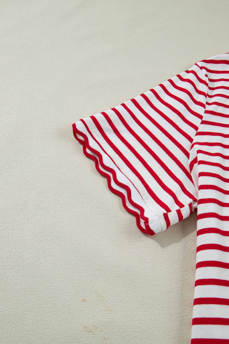 Plus Size Red Striped Scalloped Trim Crew Neck Short Sleeve T-Shirt