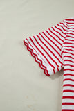 Plus Size Red Striped Scalloped Trim Crew Neck Short Sleeve T-Shirt