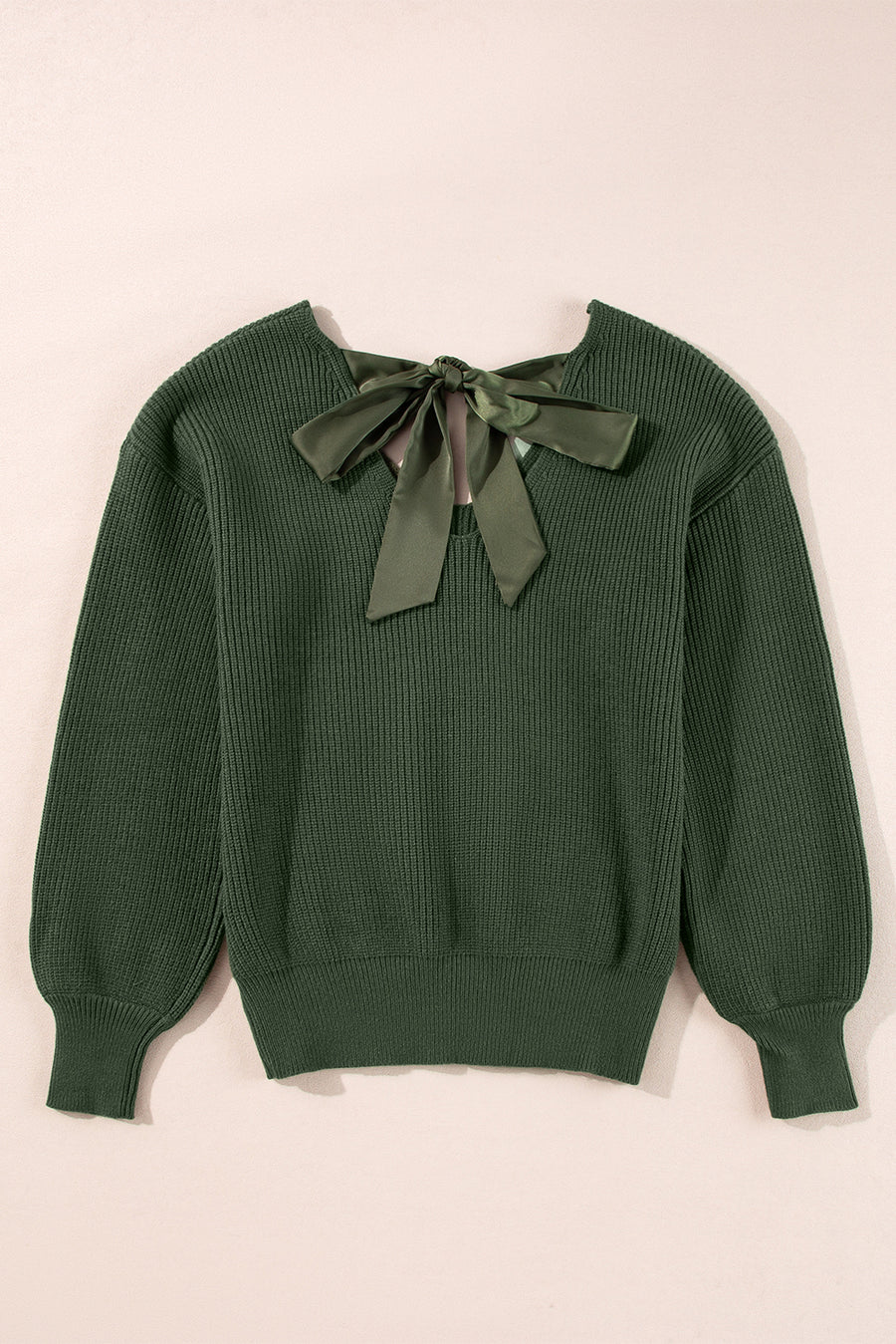 Lantern Sleeve V-Neck Bow Back Sweater- 4 Colors