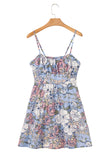 Sky Blue Floral Tiered Patchwork Spaghetti Strap Mini Dress