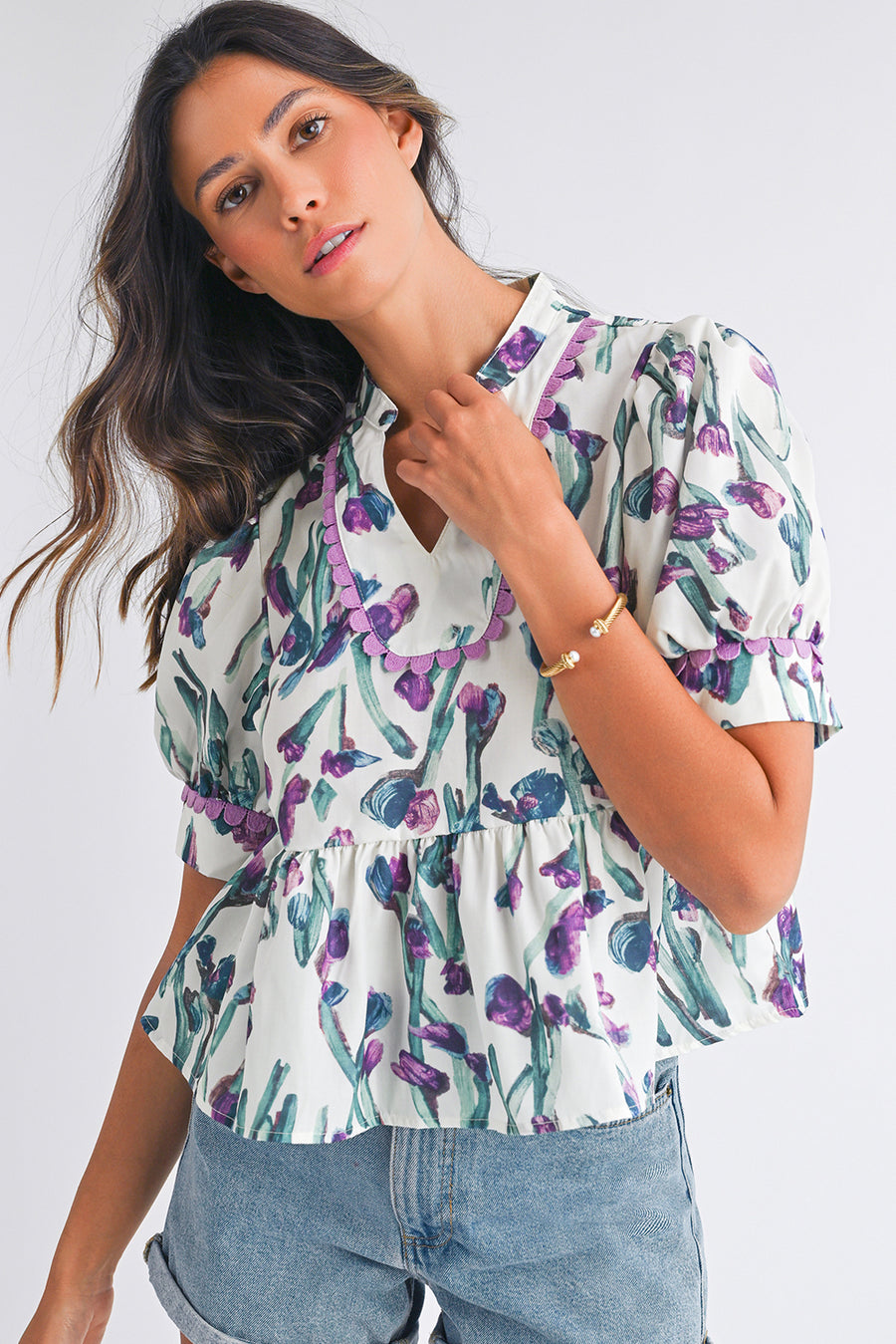 Purple Floral Ricrac Trim Short Puff Sleeve Peplum Blouse