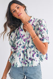 Purple Floral Ricrac Trim Short Puff Sleeve Peplum Blouse
