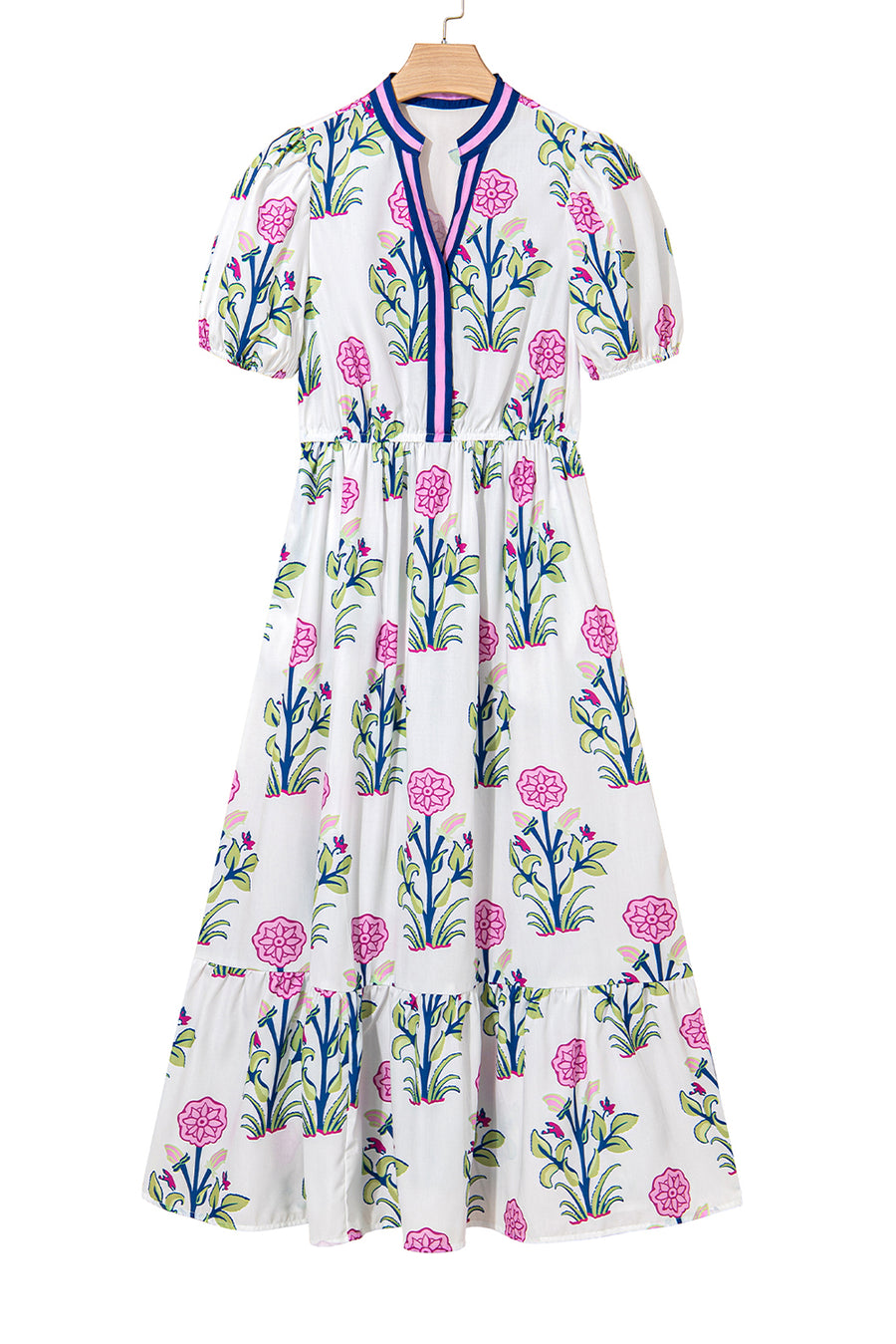 Floral Ruffle Hem Contrast Trim Neckline Midi Dress- 3 Colors