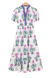 Floral Ruffle Hem Contrast Trim Neckline Midi Dress- 3 Colors