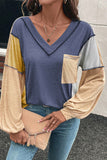 Blue Exposed Seam Color Block V-Neck Long Sleeve Top with Pocket