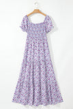 Purple Floral Short Bubble Sleeve Smocked High Waist Maxi Dress