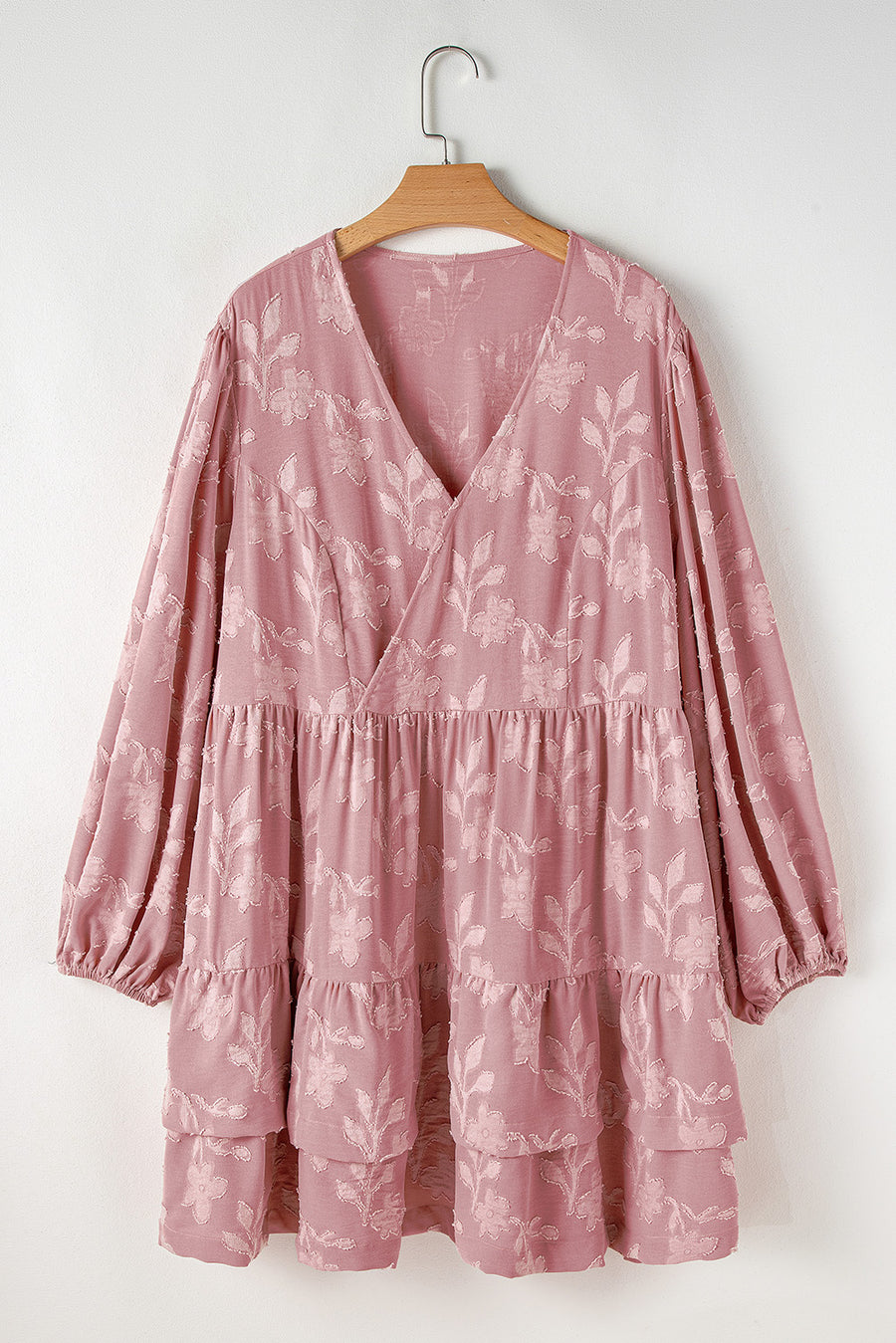 Plus Size Peach Floral Surplice V-Neck Long Sleeve Tiered Ruffle Mini Dress
