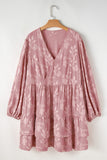 Plus Size Peach Floral Surplice V-Neck Long Sleeve Tiered Ruffle Mini Dress