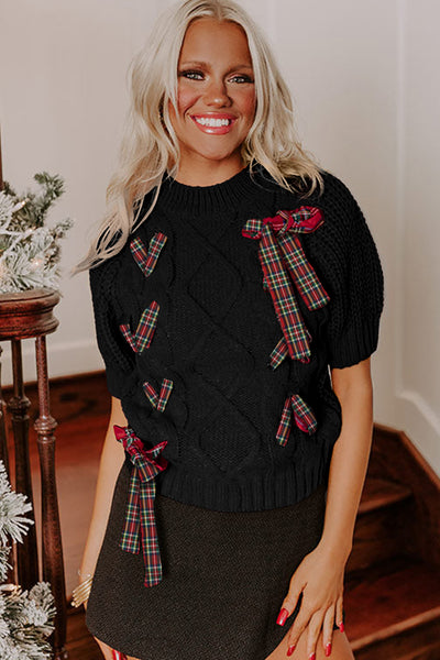 Plaid Lace-Up Puff Short Sleeve Sweater- 2 Colors