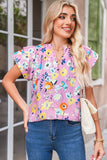 Pink Flutter Sleeve Frill V Neck Floral Top