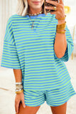 Striped Ribbed Short Sleeve T-Shirt and Shorts Set- 3 Colors