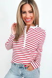 Red Stripe Contrast Frill Neck Half Button-Up Long Sleeve Top