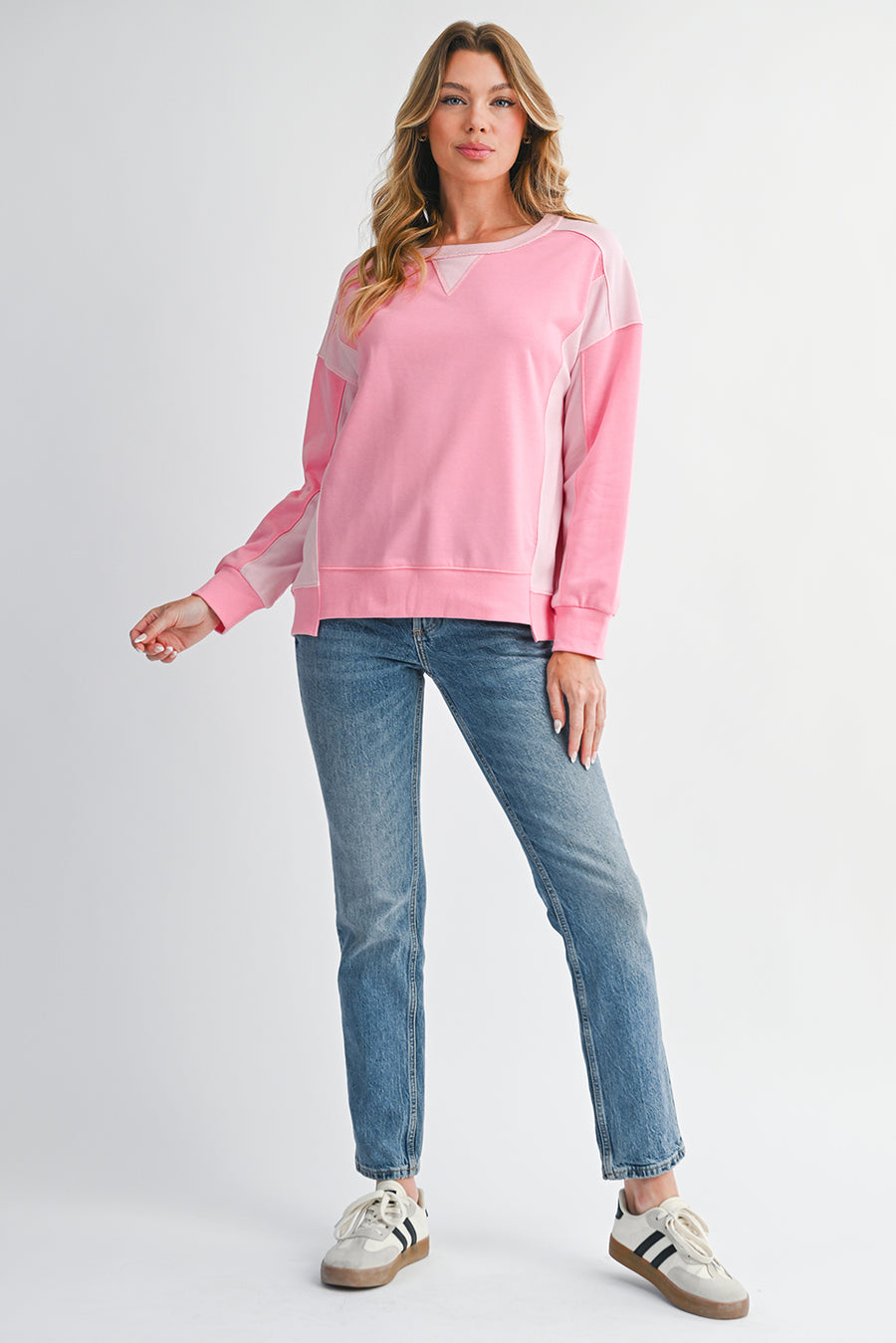 Pink Color Block Patchwork Drop Shoulder Loose Fit Sweatshirt