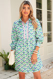 Mint Floral Print Scallop Trim Long Sleeve Mini Dress with Pockets