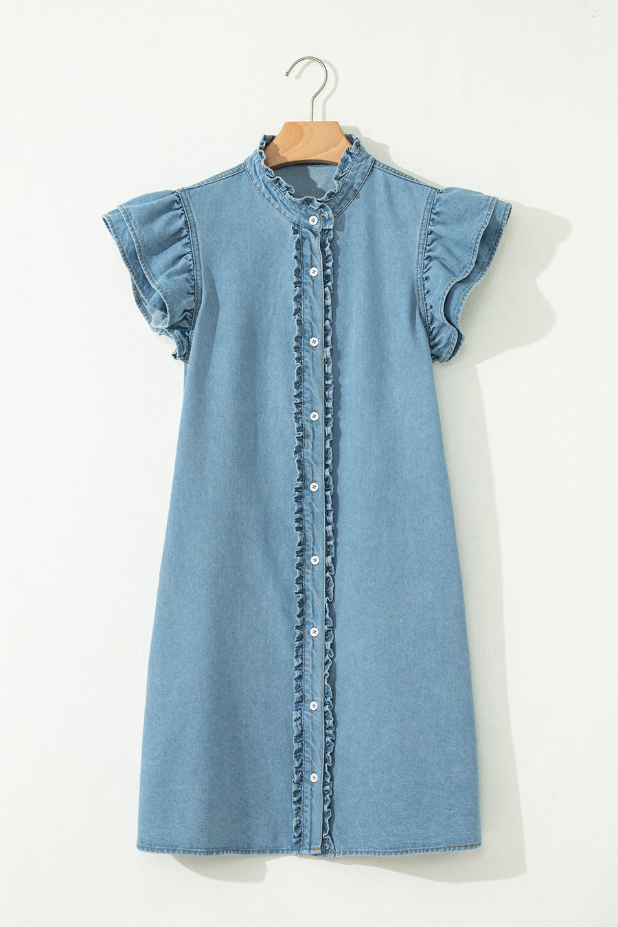 Frill Neck Button-Up Ruffled Short Sleeve Denim Mini Dress- 2 Colors