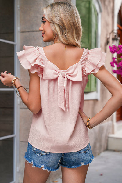 Pink Gossamer Textured Bow Frilled Ruffle Sleeve Blouse