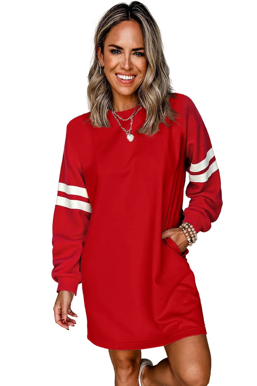 Varsity Striped Long Sleeve Loose Mini Dress with Pockets- 5 Colors