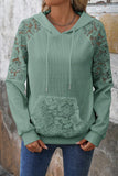 Lace Patchwork Raglan Sleeve Waffle Knit Hoodie with Pockets- 2 Colors