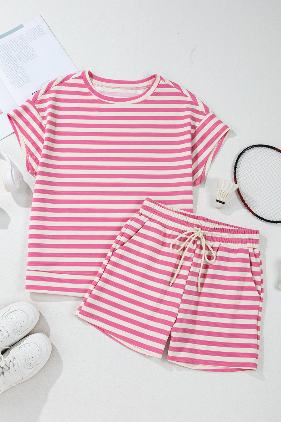 Pink Striped Crew Neck T-Shirt and Drawstring Shorts Set