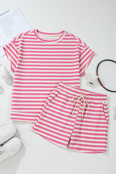 Pink Striped Crew Neck T-Shirt and Drawstring Shorts Set