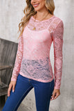 Pink Floral Lace Sheer Long Sleeve Blouse