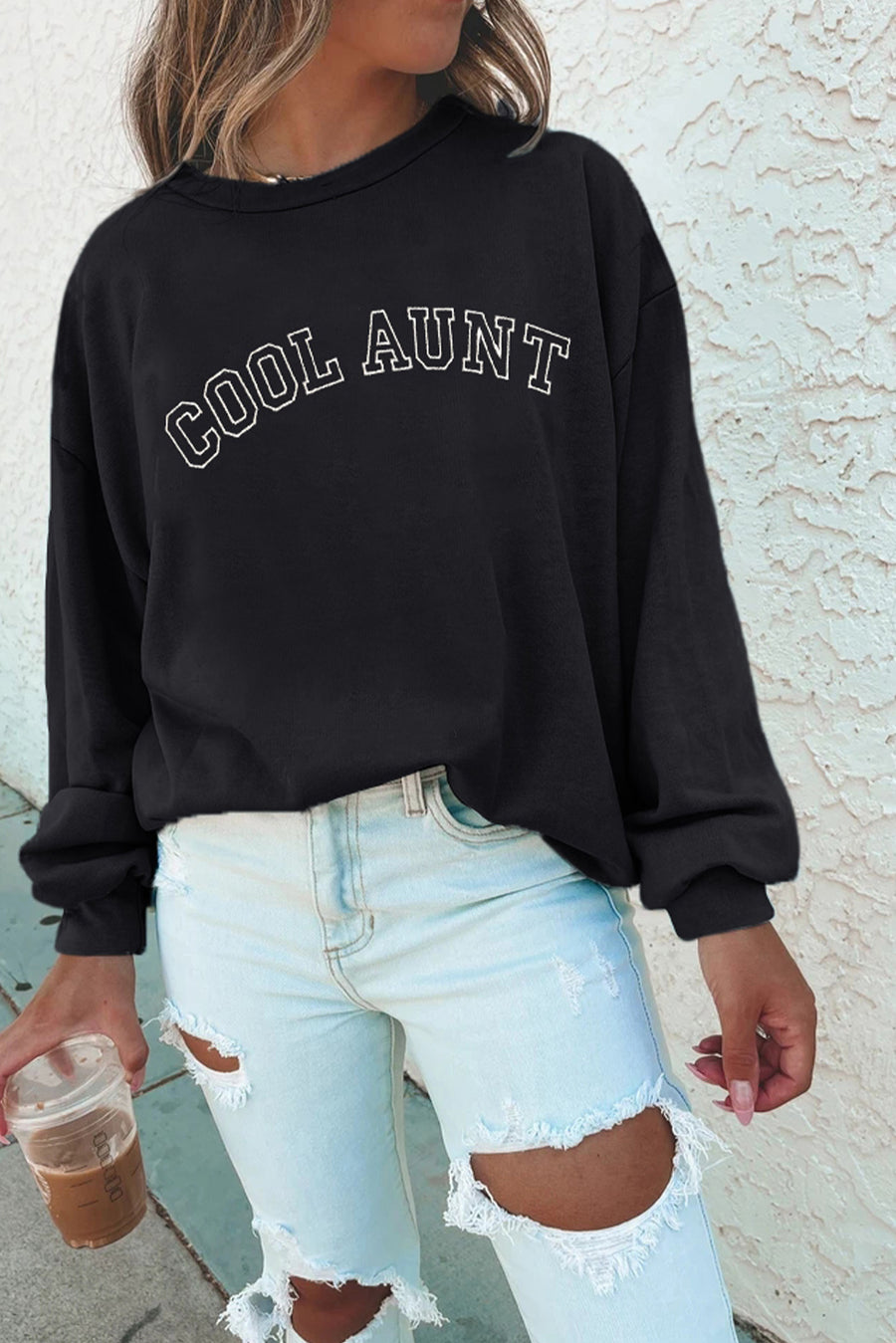 Black COOL AUNT Embroidered Letters Sweatshirt