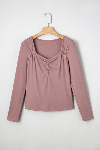 Burgundy Ruched Sweetheart Neck Ribbed Long Sleeve Top