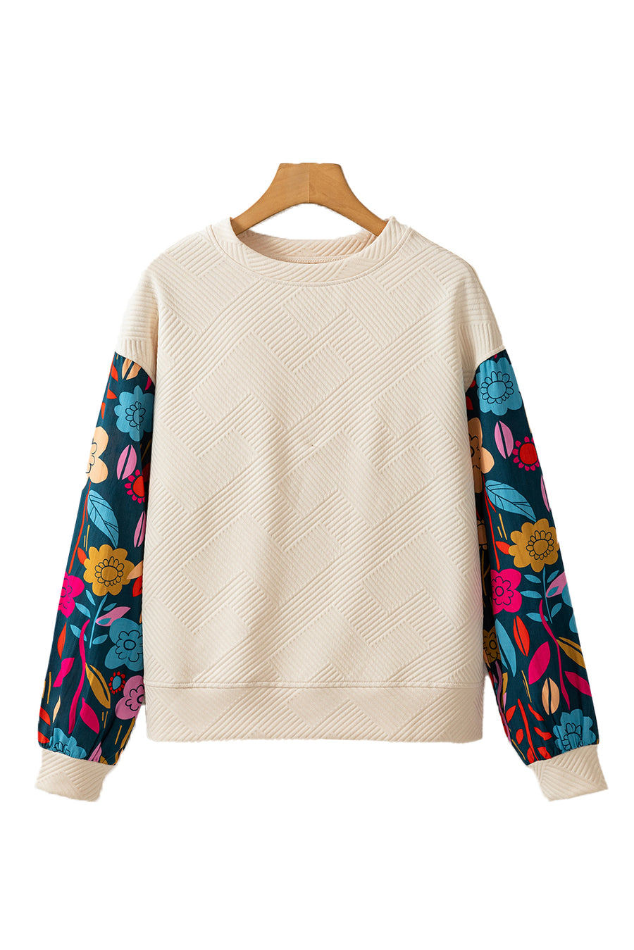 Floral Patchwork Sleeve Textured Sweatshirt