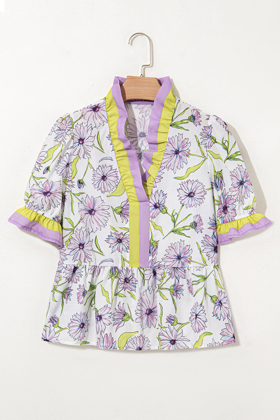 Lavender Floral Frill V-Neck Smocked Peplum Blouse