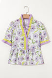 Lavender Floral Frill V-Neck Smocked Peplum Blouse