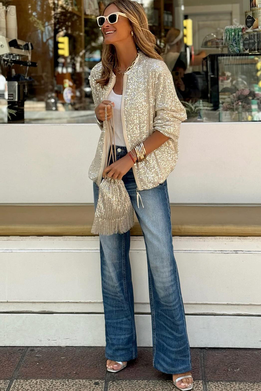 Apricot Sequin Zip-Up Jacket